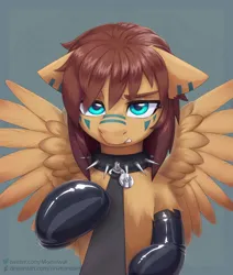 Size: 2500x2949 | Tagged: suggestive, artist:moewwur, artist:rin-mandarin, derpibooru import, oc, oc:kuri, unofficial characters only, pegasus, pony, angry, blue eyes, brown mane, clothes, collar, commission, derpibooru exclusive, gloves, half body, image, latex, latex gloves, leash, looking at you, pegasus oc, pegasus wings, pet play, pet tag, png, solo, spikes, spread wings, wings, ych result