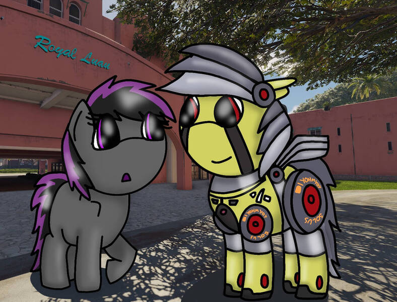 Size: 1024x780 | Tagged: safe, artist:foxfer64_yt, derpibooru import, oc, oc:jennifer silverado, oc:thunder (gp.r 64000 robot pony), unofficial characters only, earth pony, pony, city, curious, day, duo, honolulu, image, jpeg, looking at each other, looking at someone, raised hoof, smiling, street, tree