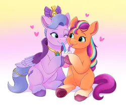 Size: 3562x3000 | Tagged: safe, artist:anonymous, derpibooru import, queen haven, sunny starscout, earth pony, pegasus, g5, adorahaven, art trade, blushing, crown, cute, drink, drinking, drinking straw, duo, duo female, female, image, jewelry, lesbian, looking at each other, looking at someone, png, regalia, sharing a drink, ship:sunnyhaven, shipping, smiling, smiling at each other, sunnybetes