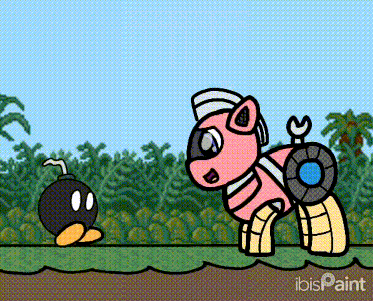 Size: 892x720 | Tagged: safe, artist:foxfer64_yt, derpibooru import, oc, oc:sixteen bits, oc:trackhead, unofficial characters only, angry, animated, bipedal, bob-omb, day, explosion, floppy ears, gif, ibispaint x, image, kick, sad, super mario bros.