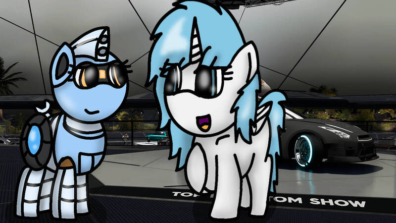 Size: 1192x670 | Tagged: safe, artist:foxfer64_yt, derpibooru import, oc, oc:nara (fl), oc:silverstream (robot pony), unofficial characters only, alicorn, original species, pony, robot, robot pony, car, confident, duo, festival, image, indoors, jpeg, looking at each other, looking at someone, raised hoof, talking to herself