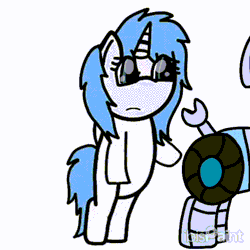 Size: 720x720 | Tagged: safe, artist:foxfer64_yt, derpibooru import, oc, oc:nara (fl), oc:silverstream (robot pony), unofficial characters only, alicorn, pony, robot, robot pony, animated, bipedal, butt, confident, gif, image, smiling, wrench