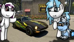 Size: 1192x670 | Tagged: safe, artist:foxfer64_yt, derpibooru import, oc, oc:nara (fl), oc:sakura (fl), oc:silverstream (robot pony), unofficial characters only, bipedal, car, confident, gas station, image, jpeg, nissan, parking, pointing, smiling, tree, trio, truck, wrench