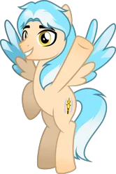 Size: 1118x1686 | Tagged: safe, artist:stellardusk, derpibooru import, oc, oc:lumin light, unofficial characters only, pegasus, pony, beige body, colored, colored wings, cutie mark, flying, g4, image, light blue mane, looking at you, male, multicolored hair, multicolored mane, multicolored wings, png, simple background, smiling, smiling at you, stallion, transparent background, wave, white mane, wings, yellow eyes