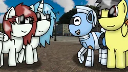 Size: 1192x670 | Tagged: safe, artist:foxfer64_yt, derpibooru import, oc, oc:kira (fl), oc:nara (fl), oc:silverstream (robot pony), oc:thunder (fl), unofficial characters only, alicorn, original species, pegasus, pony, robot, robot pony, city, image, jpeg, looking at each other, looking at someone, raised hoof, smiling, street