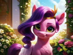 Size: 4096x3072 | Tagged: safe, ai content, derpibooru import, machine learning generated, prompter:kluknawa235, stable diffusion, pipp petals, pegasus, g5, crown, flower, garden, generator:purplesmart.ai, image, jewelry, png, regalia, smiling