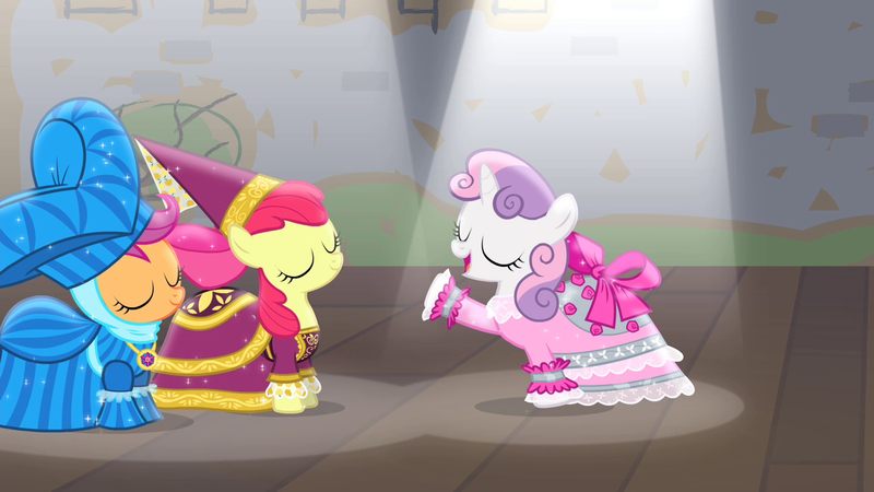 Size: 1280x720 | Tagged: safe, derpibooru import, edit, edited screencap, screencap, apple bloom, scootaloo, sweetie belle, earth pony, pegasus, pony, unicorn, for whom the sweetie belle toils, apple bloom's bow, bow, clothes, cutie mark crusaders, dress, eyes closed, female, filly, foal, hair bow, hat, hennin, image, open mouth, open smile, play, png, princess apple bloom, raised hoof, smiling, spotlight, stage, trio