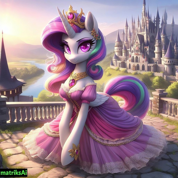 Size: 2048x2048 | Tagged: safe, ai content, derpibooru import, machine learning generated, prompter:matriksai, princess celestia, alicorn, pony, castle, clothes, cute, dress, female, image, jpeg, lovely, magenta eyes, solo, solo female