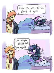 Size: 697x935 | Tagged: safe, artist:plunger, oc, unofficial characters only, earth pony, pony, unicorn, angry, bed, blanket, clothes, comic, cute, female, image, looking at each other, mare, pillow, png, raised leg, scrunchy face, shirt, simple background, stare, tired, white background