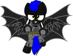 Size: 2250x1733 | Tagged: safe, artist:fliegerfausttop47, artist:guardian talon, derpibooru import, oc, oc:shadow spirits, unofficial characters only, pegasus, pony, derpibooru community collaboration, 2024 community collab, batman, cape, clothes, costume, dc comics, flying, grin, image, male, png, simple background, smiling, solo, stallion, transparent background, underhoof