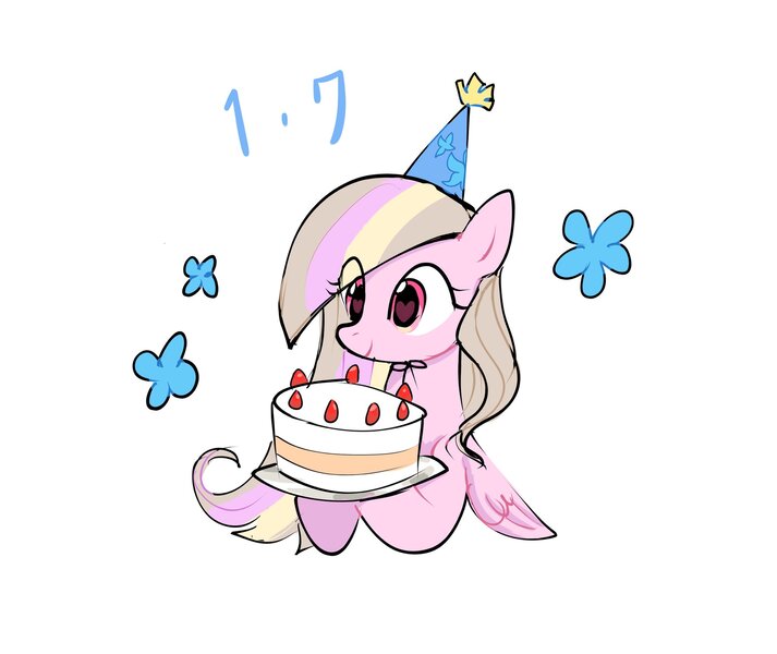 Size: 2048x1723 | Tagged: safe, artist:petaltwinkle, derpibooru import, oc, oc:petal twinkle, unofficial characters only, pegasus, pony, birthday cake, cake, eye clipping through hair, female, flower, food, hat, hoof hold, image, jpeg, mare, party hat, smiling, solo
