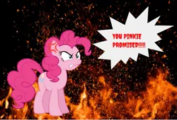 Size: 953x644 | Tagged: safe, artist:simonstudio587, derpibooru import, pinkie pie, earth pony, pony, angry, female, fire, g4, image, pinkie promise, png, solo
