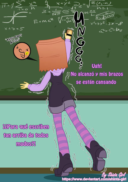 Size: 1280x1810 | Tagged: safe, artist:shinta-girl, derpibooru import, oc, oc:paper bag, human, equestria girls, bag, classroom, dialogue, humanized, image, jpeg, oh dear, paper bag, solo, spanish