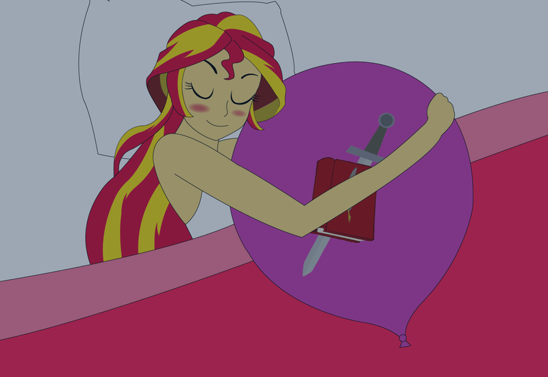 Size: 1278x880 | Tagged: safe, derpibooru import, sunset shimmer, balloon, bedsheets, blushing, cute, cutie mark balloon, g4, hug, image, implied oc, pillow, png