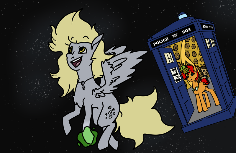 Size: 5100x3300 | Tagged: safe, derpibooru import, derpy hooves, doctor whooves, time turner, oc, oc:tick tock, earth pony, pegasus, pony, unicorn, doctor who, floating, g4, goggles, holding a pony, image, key, magic, open mouth, open smile, png, redraw, smiling, space, spread wings, tardis, wings