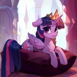 Size: 1024x1024 | Tagged: safe, ai content, derpibooru import, machine learning generated, stable diffusion, twilight sparkle, twilight sparkle (alicorn), alicorn, crown, cushion, cute, cutie mark, female, floppy ears, folded wings, generator:pony diffusion v6 xl, generator:purplesmart.ai, image, jewelry, looking at you, lounging, lying down, png, regalia, solo, solo female, wings