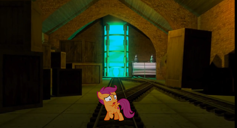 Size: 1644x894 | Tagged: safe, anonymous artist, artist:frownfactory, derpibooru import, scootaloo, tank, pegasus, pony, alone, crate, female, filly, foal, glow, image, png, reference in the description, scared, shed 17, shed 17 (location), solo, solo female, spread wings, tracks, uh oh, wings