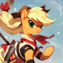 Size: 1024x1024 | Tagged: safe, ai content, derpibooru import, machine learning generated, stable diffusion, applejack, clothes, cutie mark, dramatic, female, generator:pony diffusion v6 xl, generator:purplesmart.ai, hat, image, katana, looking at you, png, ribbon, samurai, samurai applejack, smiling, smirk, solo, solo female, standing, sword, weapon