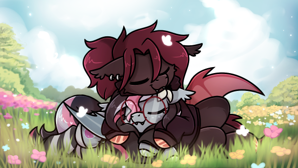 Size: 600x338 | Tagged: safe, artist:sugar morning, derpibooru import, oc, oc:aurora nightgloom, unofficial characters only, bat pony, pony, bat pony oc, bat wings, clothes, commission, eyes closed, field, flower, hoodie, image, png, scenery, sky, snuggling, tree, wings