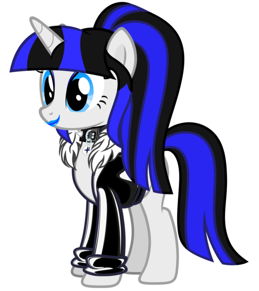 Size: 4902x5500 | Tagged: source needed, safe, artist:severity-gray, oc, oc:coldlight bluestar, unofficial characters only, pony, unicorn, blue eyeshadow, blue lipstick, clothes, collar, cutie mark collar, eyeshadow, female, image, jacket, latex, latex jacket, lipstick, looking forward, makeup, mare, pet tag, png, show accurate, side view, simple background, smiling, solo, spiked collar, standing, transparent background