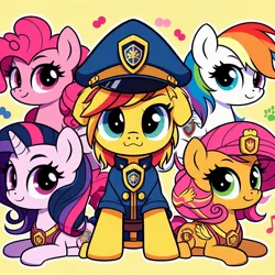Size: 1024x1024 | Tagged: safe, ai content, derpibooru import, machine learning generated, fluttershy, pinkie pie, rainbow dash, sunset shimmer, twilight sparkle, earth pony, pegasus, pony, unicorn, :3, clothes, crossover, generator:bing image creator, image, jpeg, looking at you, not fluttershy, not scootaloo, paw patrol, photo, police uniform, unicorn twilight