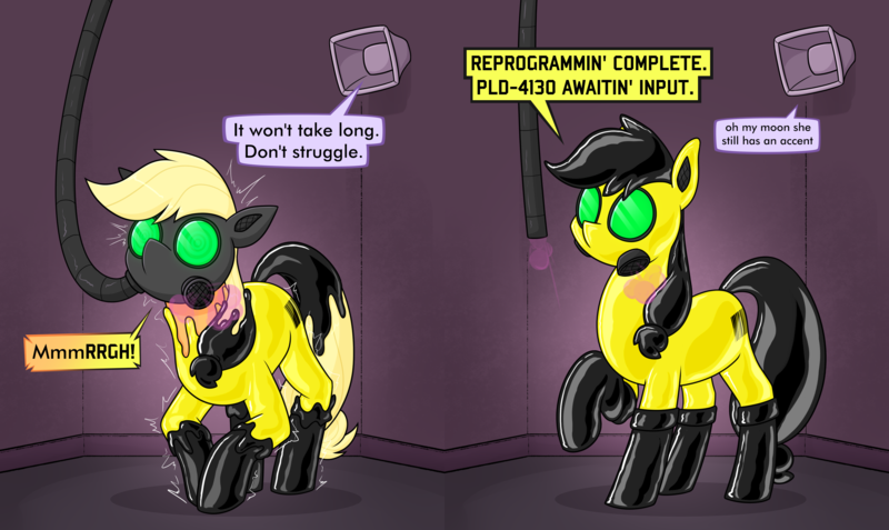 Size: 3304x1968 | Tagged: suggestive, artist:moonatik, derpibooru import, applejack, earth pony, pony, 2 panel comic, comic, female, gas mask, hazmat pony drone, hazmat suit, hypno eyes, hypnosis, image, mare, mask, mind control, pipe, png, rubber drone, solo, speaker