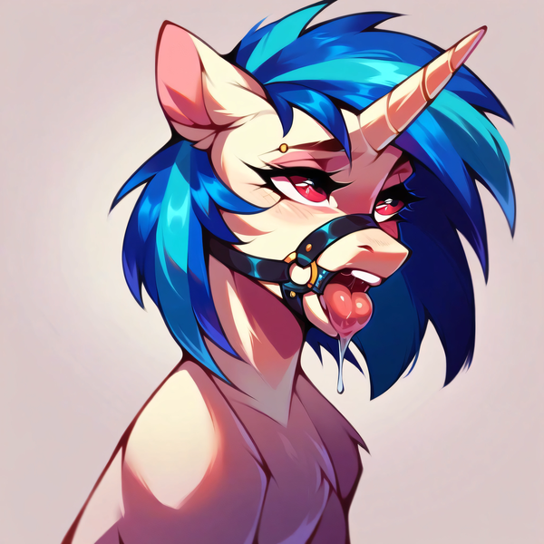 Size: 4096x4096 | Tagged: suggestive, ai content, derpibooru import, machine learning generated, stable diffusion, vinyl scratch, pony, unicorn, derpibooru exclusive, drool, drool string, female, g4, gag, generator:purplesmart.ai, image, piercing, png, red eyes, ring gag, solo, solo female, tongue out