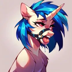 Size: 4096x4096 | Tagged: suggestive, ai content, derpibooru import, machine learning generated, stable diffusion, vinyl scratch, pony, unicorn, derpibooru exclusive, drool, drool string, female, g4, gag, generator:purplesmart.ai, image, piercing, png, red eyes, ring gag, solo, solo female, tongue out