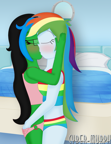 Size: 1668x2148 | Tagged: suggestive, artist:cyber-murph, derpibooru import, oc, oc:lightning spirit, equestria girls, equestria girls series, spring breakdown, spoiler:eqg series (season 2), bedroom, blushing, butt touch, canon x oc, clothes, commission, eyes closed, g4, glasses, hand on butt, hand on head, image, kiss on the lips, kissing, making out, panties, png, signal, underwear, yacht