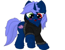 Size: 2194x1700 | Tagged: safe, artist:fliegerfausttop47, artist:the luna fan, derpibooru import, oc, oc:quiet dreamer, unicorn, derpibooru community collaboration, .svg available, 2024 community collab, blushing, chest fluff, clothes, derpibooru exclusive, ear fluff, heterochromia, horn, image, jacket, open mouth, png, show accurate, simple background, smiling, transparent background, unicorn oc, vector