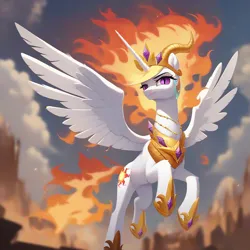 Size: 1280x1280 | Tagged: safe, ai content, derpibooru import, machine learning generated, prompter:dreaming dusk, stable diffusion, nightmare star, princess celestia, cliff, cloud, flying, generator:pony diffusion v6 xl, generator:purplesmart.ai, horns, image, jewelry, looking at you, mane of fire, necklace, nightmarified, peytral, png, purple eyes, regalia, sky, slit pupils, smiling, smirk, spread wings, tail, tail of fire, tiara, wings