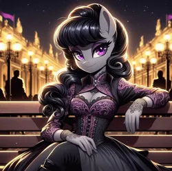 Size: 1020x1017 | Tagged: safe, ai content, derpibooru import, machine learning generated, octavia melody, anthro, human, bench, breasts, cleavage, clothes, corset, curly hair, dress, flag, generator:dall-e 3, image, jpeg, lamp, lidded eyes, night, palace, sitting, smiling, stars, tattoo