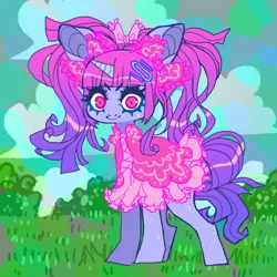 Size: 850x850 | Tagged: safe, artist:cutesykill, artist:saippuatako, derpibooru import, pony, unicorn, barette, big ears, bow, clothes, dress, female, hair bow, hairclip, image, looking at you, mare, png, solo