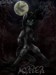 Size: 900x1200 | Tagged: safe, artist:aldairsparkle, derpibooru import, oc, oc:morrer, dryad, pony, unicorn, spoiler:comic, angry, bipedal, chest fluff, dark skin, darkness, forest, image, moon, mountain, nature, png, pose, serious, solo, tree