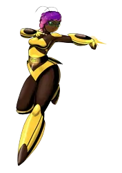 Size: 2894x4093 | Tagged: safe, artist:jackudoggy, derpibooru import, bee, human, insect, g5, boots, breasts, bumblebee (dc comics), busty misty brightdawn, clothes, costume, dark skin, dc comics, humanized, image, misty brightdawn, png, rebirth misty, shoes, simple background, suit, superhero, transparent background