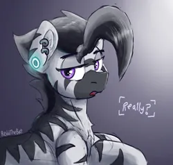 Size: 1590x1511 | Tagged: safe, artist:reddthebat, derpibooru import, oc, oc:zerø, unofficial characters only, pony, zebra, dialogue, ear piercing, earring, gradient background, image, jewelry, lidded eyes, looking at you, male, piercing, png, solo, stallion, unamused, zebra oc