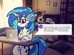Size: 1747x1310 | Tagged: safe, artist:fluttersharpi, derpibooru import, octavia melody, vinyl scratch, earth pony, pony, unicorn, computer, couch, duo, female, headache, headphones, image, jpeg, laptop computer, lesbian, macbook, mare, pubic hair, real life background, scratchtavia, shipping