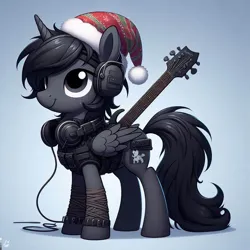 Size: 1024x1024 | Tagged: safe, ai content, derpibooru import, machine learning generated, prompter:dhayi, oc, unnamed oc, pony, armor, black fur, christmas, cute, derpibooru exclusive, electric guitar, g4, generator:bing image creator, guitar, hat, headphones, holiday, image, male, musical instrument, png, santa hat, simple background, solo, stallion