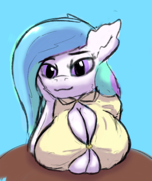 Size: 596x708 | Tagged: suggestive, derpibooru import, princess celestia, anthro, big breasts, blue background, breast overpour, breasts, bust, button-up shirt, clothes, colored sketch, female, huge breasts, image, looking at you, png, shirt, simple background, sketch, skindentation, smiling, smiling at you, solo, solo female, wip
