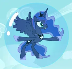 Size: 755x720 | Tagged: safe, derpibooru import, princess luna, alicorn, pony, bubble, cloud, female, floating, image, in bubble, jpeg, luna is not amused, mare, scared, sky, solo, spread wings, t pose, unamused, wings