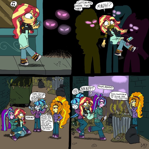 Size: 3000x3000 | Tagged: questionable, artist:tenorjoane, derpibooru import, adagio dazzle, aria blaze, sonata dusk, sunset shimmer, equestria girls, alley, bondage, clothes, earbuds, gagging, hoodie, image, jpeg, mobile phone, phone, revenge, shoes, sidewalk, sneakers, trash, trash can