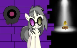 Size: 4783x3011 | Tagged: safe, artist:epicheavytf2, artist:pyrogaming, derpibooru import, vinyl scratch, pony, unicorn, alternate design, alternate universe, background pony, brick wall, deltarune, female, g4, glasses, gold tooth, grey hair, happy, image, mare, paint, png, record, record player, shop, smiling, spamton, spotlight, vinyl's glasses, white fur