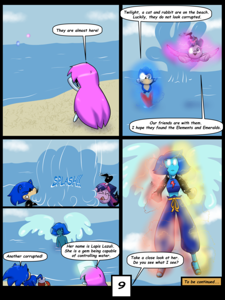 Size: 6000x8000 | Tagged: safe, artist:chedx, derpibooru import, twilight sparkle, twilight sparkle (alicorn), alicorn, comic:learning with pibby glitch battles, fanfic, comic, commission, community related, corrupted, crossover, error, glitch, image, lapis lazuli (steven universe), multiverse, pibby, png, sonic the hedgehog, sonic the hedgehog (series), steven universe