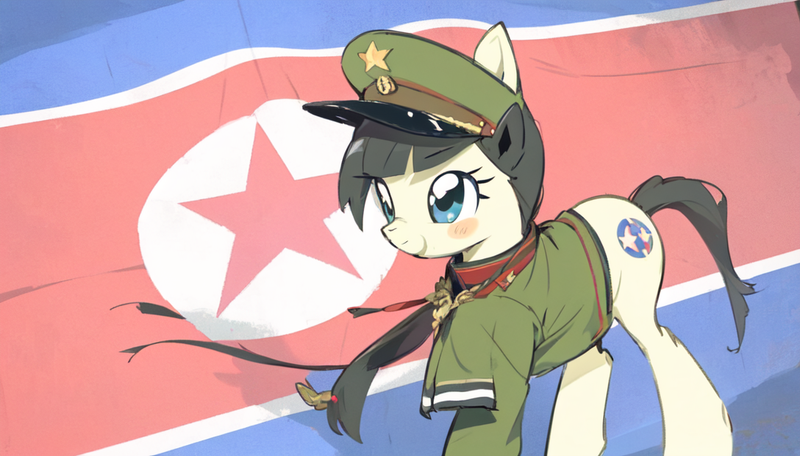 Size: 1024x584 | Tagged: safe, ai content, anonymous artist, derpibooru import, generator:pixai.art, machine learning generated, oc, oc:mokran, ponified, pony, image, nation ponies, north korea, png, solo, wrong cutie mark