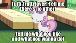 Size: 600x338 | Tagged: safe, derpibooru import, edit, edited screencap, editor:undeadponysoldier, screencap, sweetie belle, pony, unicorn, animated, caramella girls, cute, dancing, diasweetes, edited gif, female, filly, foal, gif, image, meme, solo, song reference, tutti-frutti lover