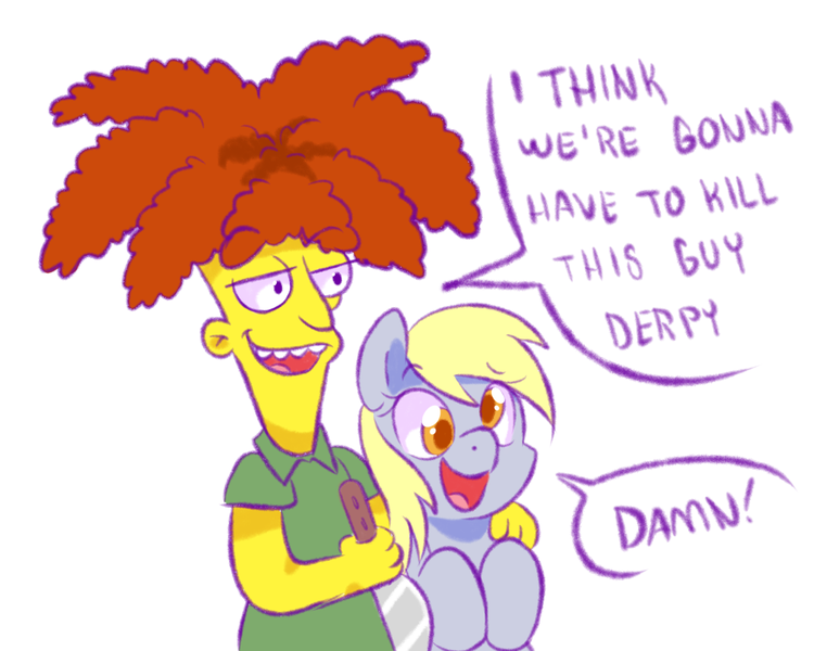 Size: 1250x1000 | Tagged: safe, artist:paperbagpony, derpibooru import, derpy hooves, pegasus, pony, crossover, dialogue, duo, female, image, knife, male, meme, png, sideshow bob, simple background, the simpsons, white background