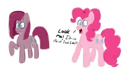 Size: 2500x1500 | Tagged: safe, artist:bazza, derpibooru import, pinkie pie, badly drawn, balancing, breaking the fourth wall, fourth wall, happy, image, no shading, open mouth, paint tool sai, pinkamena diane pie, pinkie being pinkie, pinkie pie is not amused, png, raised hoof, sad, side by side, simple background, smiling, speech, speech bubble, talking, unamused, void, white background, wide eyes