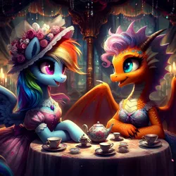 Size: 1024x1024 | Tagged: safe, ai content, derpibooru import, machine learning generated, rainbow dash, smolder, dragon, pegasus, pony, clothes, column, cup, dragoness, dress, duo, duo female, female, flower, flower in hat, g4, gem, generator:dall-e 3, girly, hat, image, indoors, jewelry, jpeg, looking at each other, looking at someone, mare, necklace, open mouth, open smile, prompter:tyto4tme4l, rainbow dash always dresses in style, smiling, spread wings, table, tablecloth, talking, tea party, teacup, teapot, wings