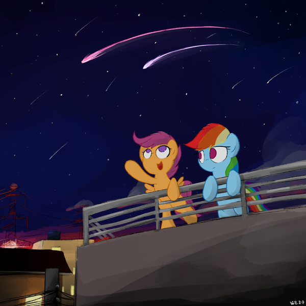 Size: 3000x3000 | Tagged: safe, artist:widelake, derpibooru import, rainbow dash, scootaloo, pegasus, pony, bipedal, female, filly, foal, image, looking up, mare, night, png, rooftop, shooting star, siblings, stars, sunset