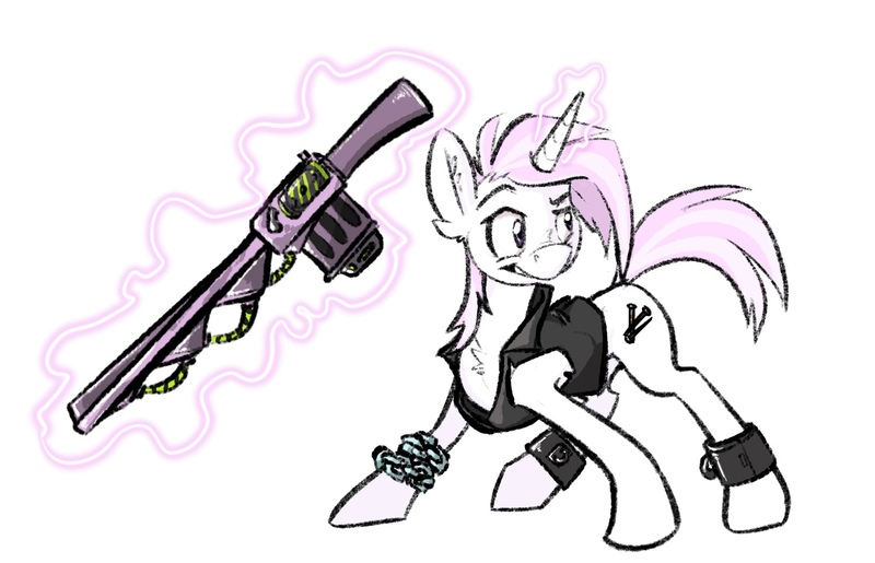 Size: 1498x964 | Tagged: safe, artist:messysketch, derpibooru import, oc, oc:rusty nails, pony, unicorn, fallout equestria, fallout equestria oc, gun, image, jpeg, solo, weapon